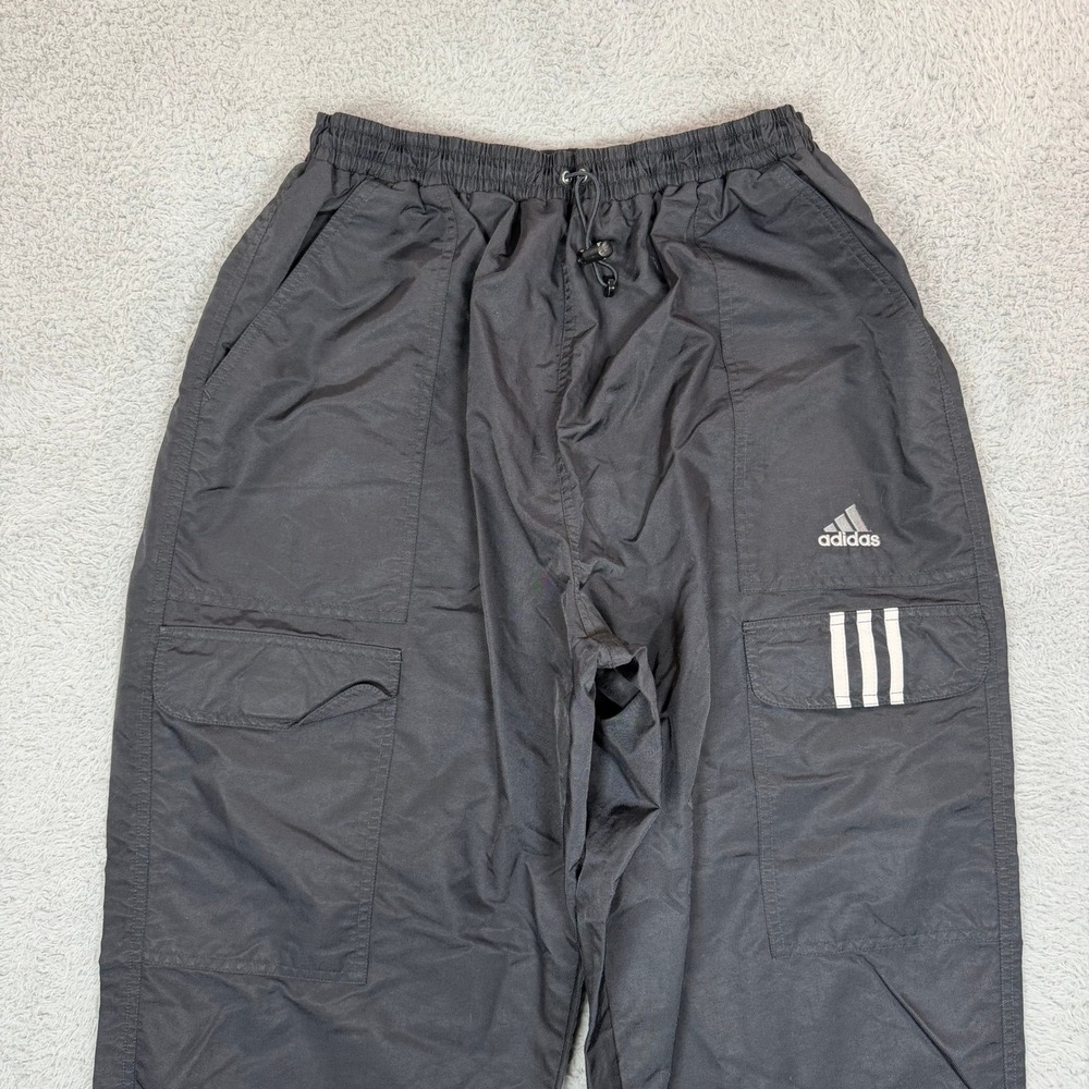 Vintage Adidas Mens XL Black Nylon Cargo Track Pants 3 Stripe Windbreaker 90s - Picture 3 of 10